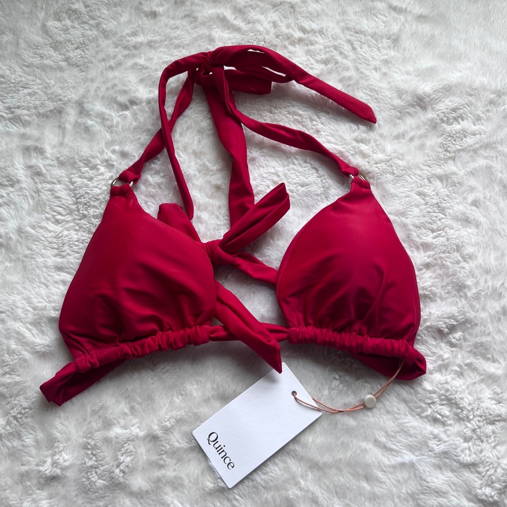 Quince Red Recycled Triangle Halter Bikini Top Gold Ring Detail ATG001 Women's M